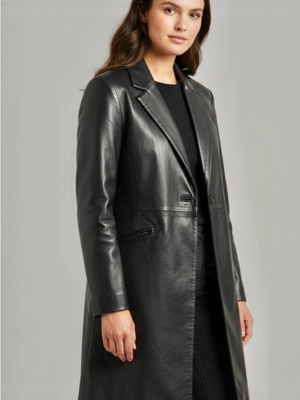 Chico’s Size 3 (14-16) Black Faux Leather Long Coat-NWOT